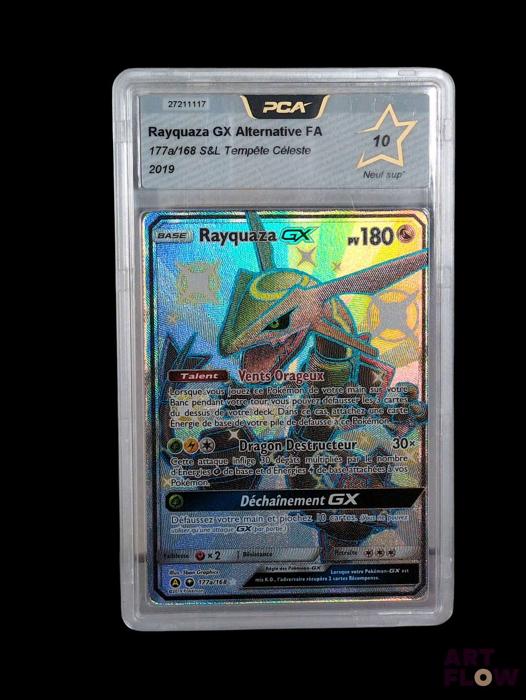 Carte Pokemon gradée Rayquaza GX FA PCA 10 Série du bloc Soleil et lune : Tempête céleste (SL07). En français. Carte en état Neuf sup (PCA 10)