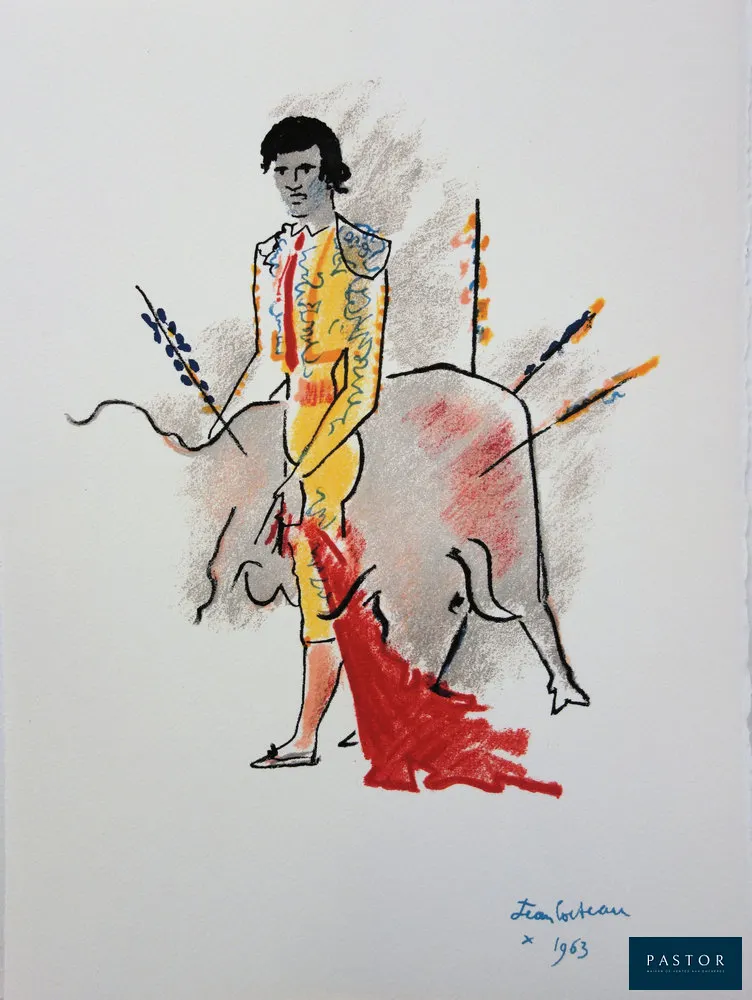 Jean COCTEAU (1889-1963)
Toreador victorieux

Lithographie en couleurs
Signée dans la planche
Sur Vélin 28 x 38 cm

Excellent état

INFORMATION : Créée pour le portfolio Taureaux, éditée en 1965 à 200 exemplaires et imprimé dans les ateliers Mourlot


Expédition obligatoire, jusqu'à 5 Lithographies dans votre colis pour 14,76€ TTC en France Métropolitaine, et 29,64€ TTC pour l'Europe