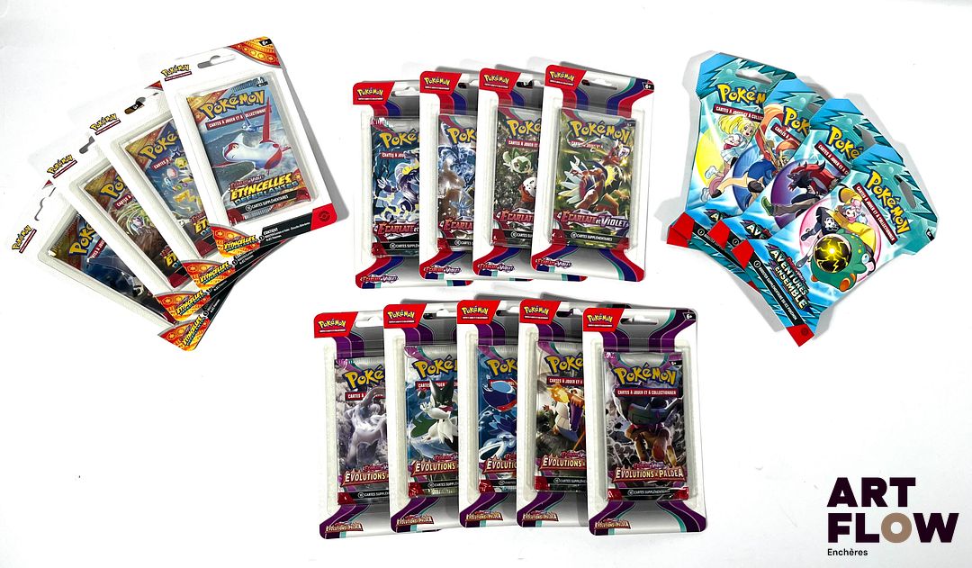 POKEMON Ensemble de 4 art sets comprenant: - Écarlate et Violet - Aventures ensemble - Art Set (4 boosters) - Neufs - Écarlate et Violet - Etincelles déferlantes - Art Set (4 boosters) - Neufs - Écarlate et Violet - Art Set (4 boosters) - Neufs - Écarlate et Violet - Évolution à Paldea - Art Set (5 boosters) - Neufs