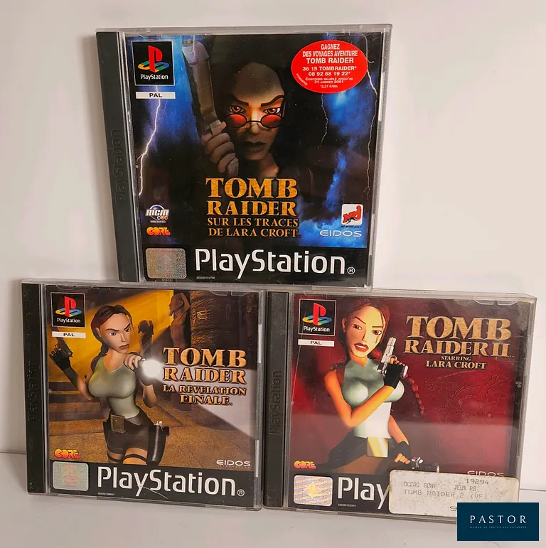 SONY - PS1. Lot de 3 jeux Tomb Raider : Tomb Raider 2, Tomb Raider sur les traces de Lara Croft et Tomb Raider : La Révélation Finale. Complet avec boite, notice et CD. PAL FR