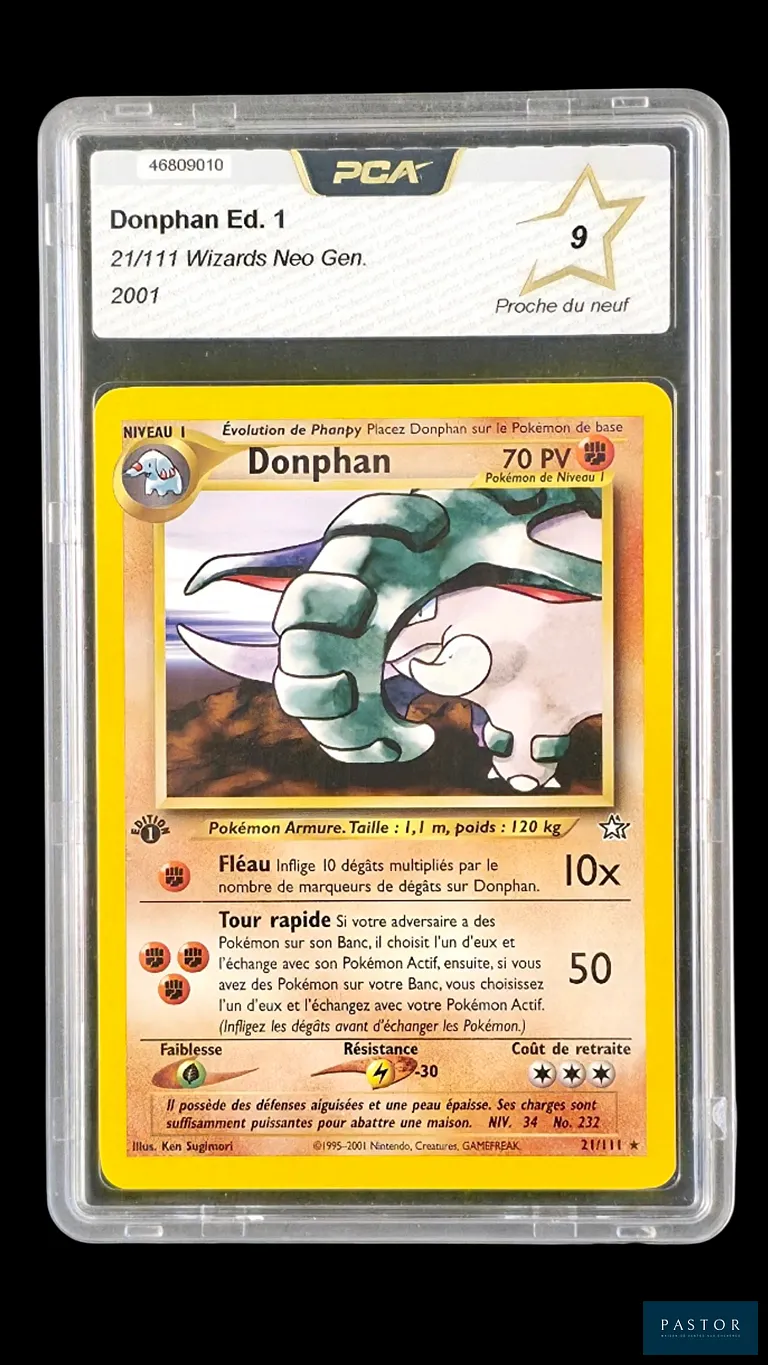 Carte Pokémon gradée Donphan 21/111 – Rare – PCA 9.
Série du bloc Wizards : Neo Genesis Édition 1.
Carte en état Proche du neuf (PCA 9), en français.