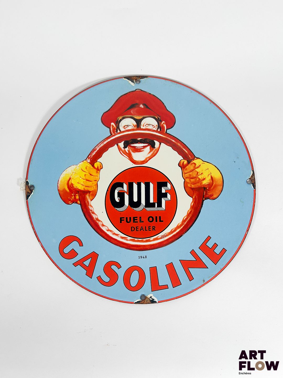 Plaque émaillée ronde Gulf Gasoline Diamètre : 30 cm Petits éclats et traces de rouille Reproduction moderne