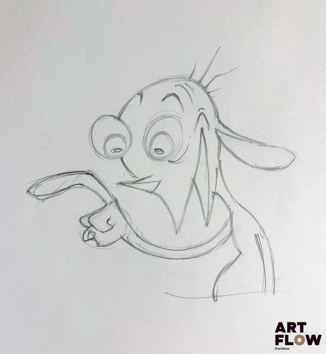 Ren et Stimpy (The Ren & Stimpy Show) Ren Dessin original à la mine de plomb et crayons de couleur représentant Ren et Stimpy de face. Série d’animation américaine créée par John Kricfalusi et produite par Nickelodeon. « Ren, chihuahua nerveux et autoritaire, et Stimpy, chat candide et jovial, forment un duo aussi absurde qu’explosif. Série culte des années 1990, The Ren & Stimpy Show se distingue par son humour irrévérencieux, son style graphique exagéré et son ton volontairement provocateur, devenu emblématique de l’animation alternative américaine. » Dimensions : 26,5 x 31,5 cm