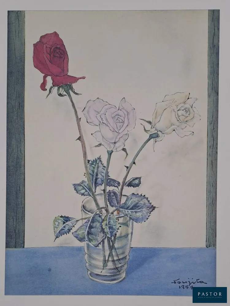 Léonard Foujita (d'après) (1886-1968)
Trois roses dans le vase

Impression d'art sur papier épais
Signée et datée dans la planche
Tirage issu d'un portfolio n°726 (catalogue de Sylvie Buisson), édition limitée
Editions John Sayegh, 1989
Dimensions feuille : 27 x 24 cm environ
Très bon état


Expédition obligatoire, jusqu'à 5 Lithographies dans votre colis pour 14,76€ TTC en France Métropolitaine, et 29,64€ TTC pour l'Europe