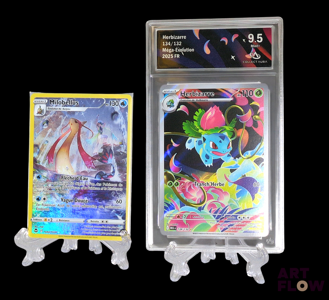 Réunion de 2 cartes Pokemon : Herbizarre 134 série du bloc Méga-Evolution gradée Collect Aura 9,5 Mint + et Milobellus TG02 sous Toploader En français