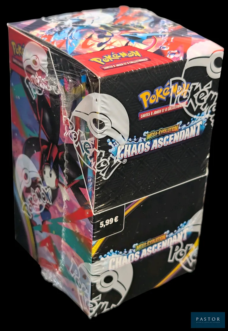 Coffret Pokémon scellé : Demi-display (18 boosters).
Série du bloc Méga-Évolution : Chaos Ascendant (ME04).
En français.