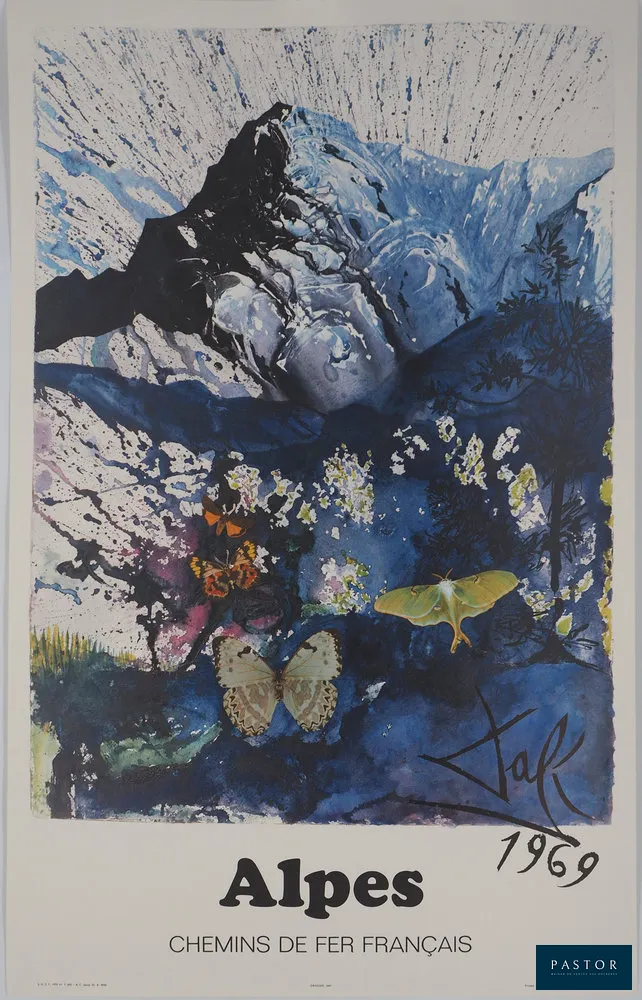 Salvador DALI (1904-1989)
Les Alpes

Lithographie et héliogravure originale (Ateliers Matthieu et Draeger)
Signée dans la planche
Edition de 700 exemplaires non numérotés
Sur Vélin 62 x 99 cm

Excellent état

REFERENCES : Figure au catalogue raisonné : Field 69-2 C / Michler Lopsinger 1225 / Sahli 134
Cette oeuvre éditée par J Schneider en 1969 a été commissionnée par la SNCF afin d'en assurer la promotion ; elle fait partie de la série "Butterfly suite".


Expédition obligatoire, jusqu'à 5 Lithographies dans votre colis pour 14,76€ TTC en France Métropolitaine, et 29,64€ TTC pour l'Europe