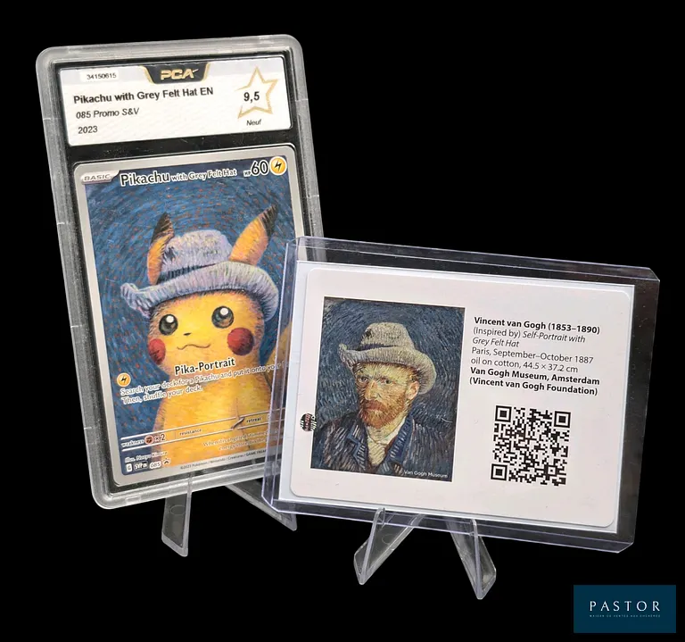 Carte Pokémon gradée Pikachu With Grey Felt Hat PCA 9,5.
Carte promotionelle exclusive en partenariat avec le musée Van Gogh.
Contient la carte de certificat promotionnelle.
Carte en état Neuf (PCA 9,5), en français.