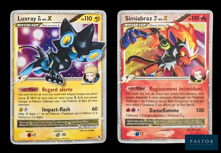 Réunion de 2 cartes Pokémon - Niv. X.
Série du bloc Platine : Rivaux Émergeants.
Cartes en état global Moyen/Bon, en français.
