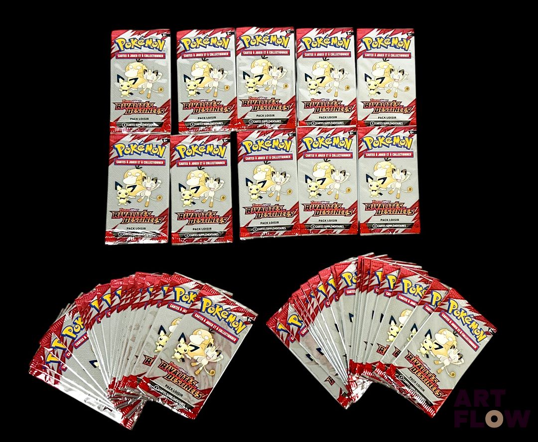Ensemble de 50 boosters pack loisir Pokémon scellés. Série du bloc Ecarlate et violet : Rivalités destinées (EV10). En Français