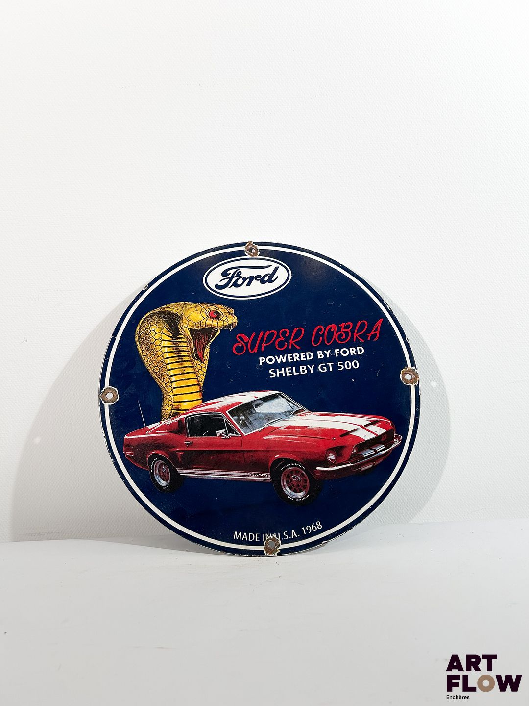 Plaque émaillée ronde bombée d'après Ford - Super Cobra Diamètre : 30 cm Petits éclats et traces de rouille - moderne
