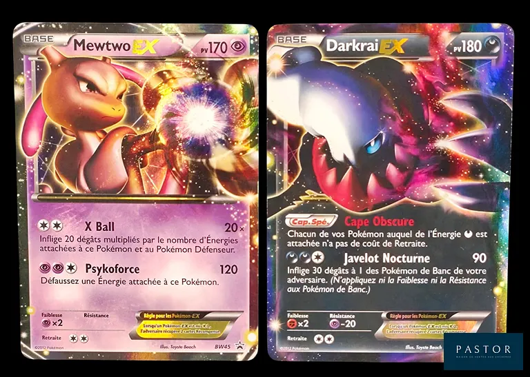 Réunion de 2 cartes Pokémon promotionnelles du bloc de série Noir&Blanc.
- Mewtwo Ex - BW45
- Darkrai Ex - BW46
Cartes en état global Excellent, en français.
Livrée sous bulles et toploaders.
