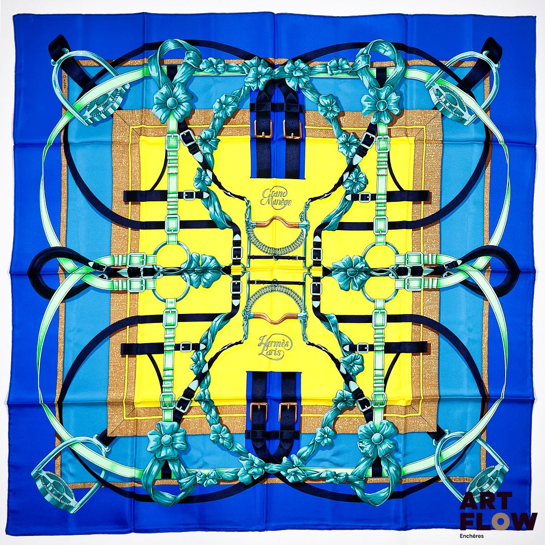 HERMES Modèle "Grand manège" Carré en twill de soie dessiné par Henri d'Origny. 90 x 90 cm Dans ses plis d'origine. Edition circa 2015