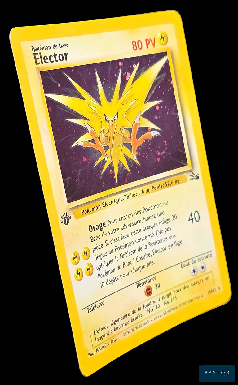 Carte Pokémon Électhor 15/62 - Holographique.
Série du bloc Wizards : Fossile édition 1.
Carte en état Excellent, en français.
Livrée sous bulles et toploader.