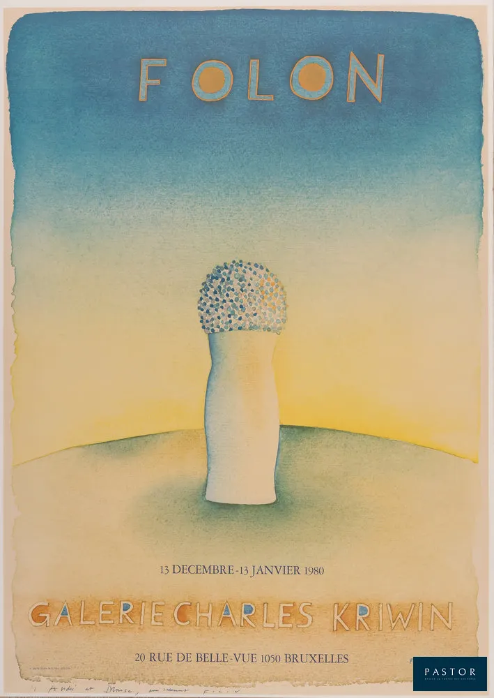 Jean-Michel FOLON (1934-2005)
Galerie Charles KRIWIN

Affiche originale en couleurs
Signée dans la planche et au crayon, dédicacée "à André et Denise"
Sur papier affiche 46 x 65 cm
Editée par Elli et Pagani (Italie)

Excellent état, traces d'encadrement au verso

INFORMATION : L'affiche a été réalisée pour l'exposition "JM Folon" à la Galerie Charles KRIWIN (Bruxelles, Belgique) en 1979


Expédition obligatoire, jusqu'à 5 Lithographies dans votre colis pour 14,76€ TTC en France Métropolitaine, et 29,64€ TTC pour l'Europe