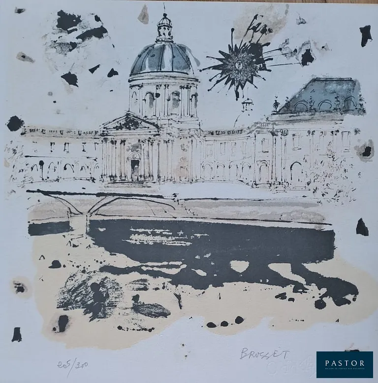 Jean-Paul Brusset (1909-1985)
Le Palais de l'Institut et le Pont des Arts

Lithographie originale, sur papier Guarro
Signée et numérotée au crayon par l'artiste
Edition limitée à 300 exemplaires, n° 205/300
Imprimé par les Presses du Mas Brusset, 1978
Dimension feuille : 38 x 38 cm

Très bon état


Expédition obligatoire, jusqu'à 5 Lithographies dans votre colis pour 14,76€ TTC en France Métropolitaine, et 29,64€ TTC pour l'Europe