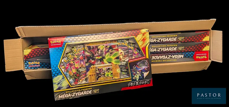 Case ouverte Pokémon de 6 coffrets : Premium Méga Zygarde ex.
Contient différent boosters des blocs de séries Écarlate&Violet (EV) et Méga-Évolution (ME).
Case sortie d'usine ouverte mais complète avec les coffrets scellés, en français. - TVA Récupérable