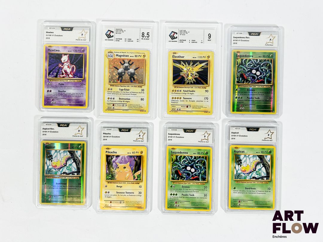 Ensemble de 8 cartes Pokémon gradées de la série XY : Evolutions (XY12). Contient notamment 2 cartes holographiques et 1 rare : - Electhor 42/108 - Holographique - CCC 9 (Neuf). - Magneton 38/108 - Holographique - CCC 8,5 (Proche du Neuf). - Mewtwo 51/108 - Rare - PCA 9 (Proche du Neuf). En français.