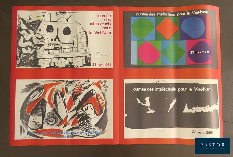 Soulages - Picasso - Vasarely - Masson
Journée des intellectuels pour le Viet-Nam - 1968

Rare affiche originale "Journée des intellectuels pour le Viet-Nam - 23 mars 1968"
par le collectif d'artistes :
Pierre Soulages - Pablo Picasso - Victor Vasarely - André Masson

Affiche entière (parfois proposée découpée en 4 morceaux distincts : 39 x 59 cm, un par artiste), signée dans la planche par les 4 artistes

Au catalogue raisonné des artistes : Vasarely (Benavides 1241), Picasso (Czwiklitzer 325, Rodrigo 173)

impression offset, papier couché 170 g
imprimé(e) par : ICC London - Paris

Dimension : 77 x 118 cm
très bon état (une micro coupure en bordure)


Expédition obligatoire, jusqu'à 5 Lithographies dans votre colis pour 14,76€ TTC en France Métropolitaine, et 29,64€ TTC pour l'Europe