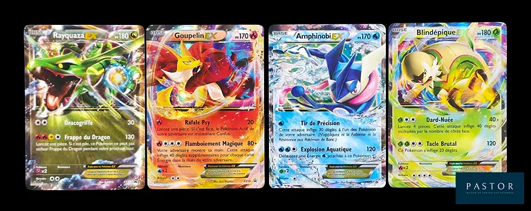 Réunion de 4 cartes Pokémon EX promotionelles du bloc XY.
Ensemble des 3 starters de la 6ème génération, ainsi que Rayquaza XY73.
Cartes en état global Très bon/Excellent, en français.