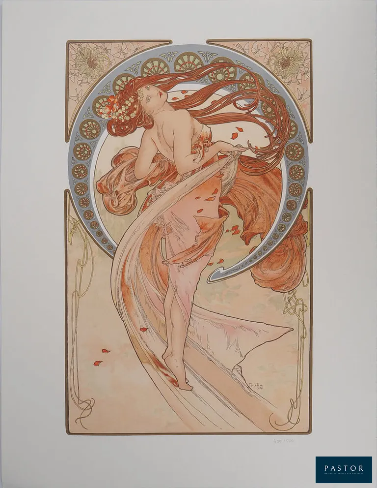 Alphonse Mucha (1860-1939) (d'après)
Les Arts : La Danse

Lithographie en 16 couleurs d'après la lithographie originale de 1898
Signée dans la planche
Sur vélin Arches 65 x 49.5 cm
Numérotée /500ex (le numéro de photo est fourni à titre d'exemple)

Authentifiée par le cachet sec de l'éditeur (voir photo) et le cachet de l'éditeur au dos

Excellent état


Expédition obligatoire, jusqu'à 5 Lithographies dans votre colis pour 14,76€ TTC en France Métropolitaine, et 29,64€ TTC pour l'Europe