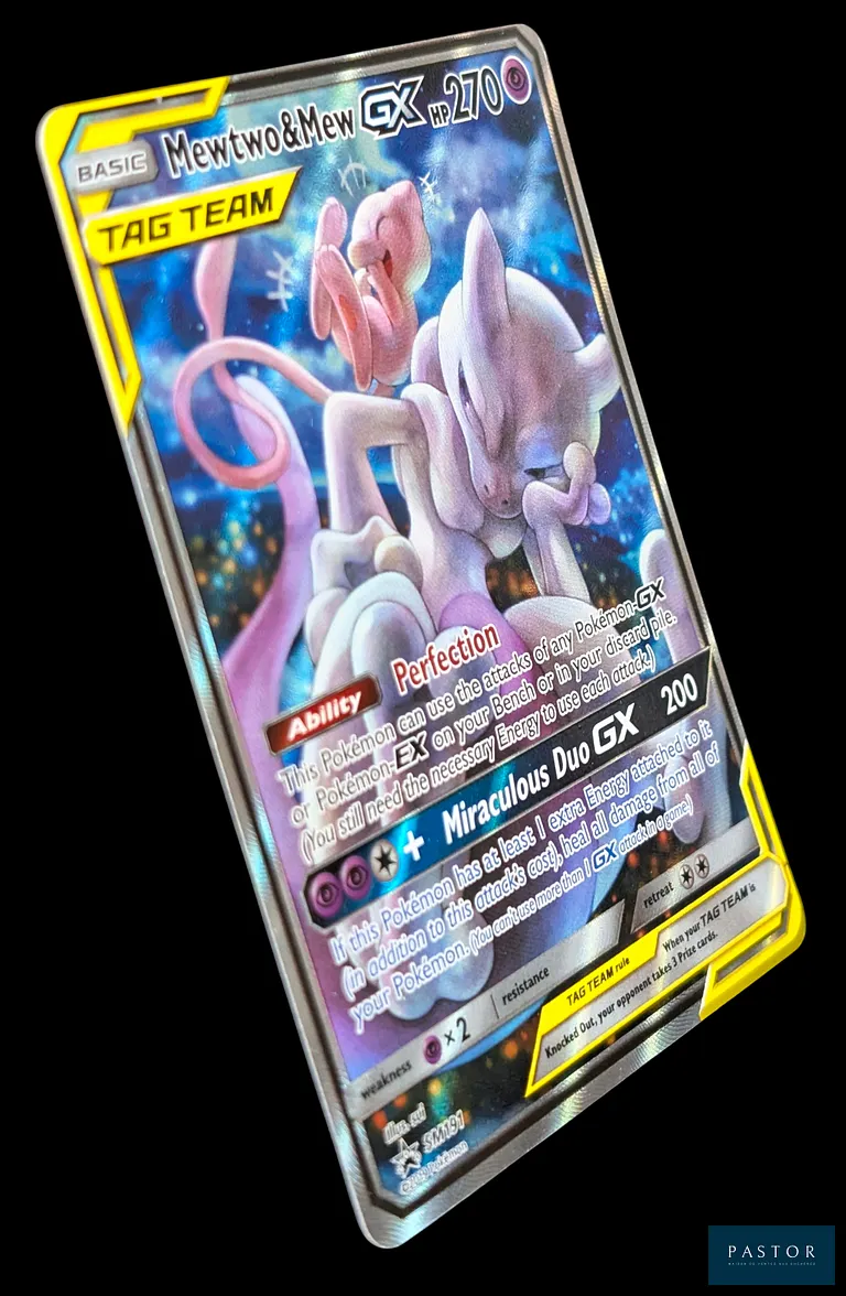 Carte Pokémon Mewtwo & Mew GX SM191 - Alternative.
Carte promotionelle du bloc de série Soleil&Lune (SL).
Carte en état Excellent, en anglais - Livrée sous bulles et toploader.