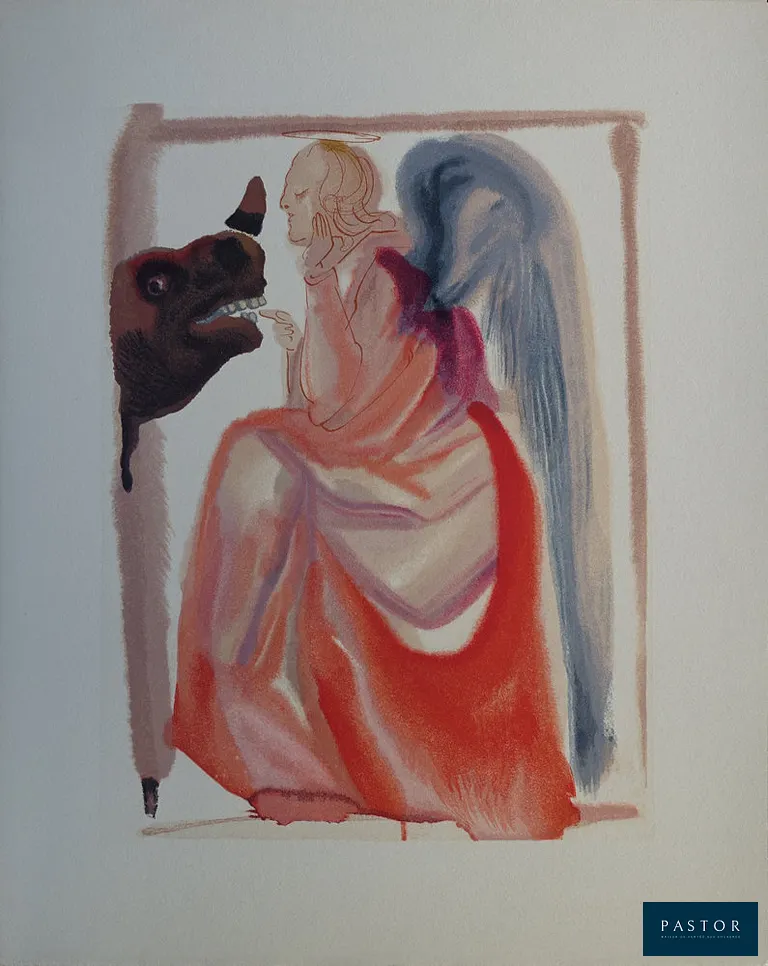 Salvador DALI (1904-1989)
Divine Comédie, Paradis 6, Ange et rhinocéros (le ciel de Mercure), 1963

Gravure sur bois
Non signée
Sur vélin BFK Rives 32.8 x 26.4 cm

REFERENCES :
- Catalogue raisonné Field p. 189 à 200
- Catalogue raisonné Michler et Lopsinger #1111

INFORMATION : Editée par Joseph Foret et les Heures Claires, le Divine Comédie illustrée par Dali constitue un des monuments de l'édition et l'une des oeuvres les plus célèbres du Maître. Elle a nécessité la gravure de plus de 3500 bois et près de 4 ans de travail (1960/63) et pour rendre toute la finesse des illustrations créées par Dali.

Excellent état


Expédition obligatoire, jusqu'à 5 Lithographies dans votre colis pour 14,76€ TTC en France Métropolitaine, et 29,64€ TTC pour l'Europe