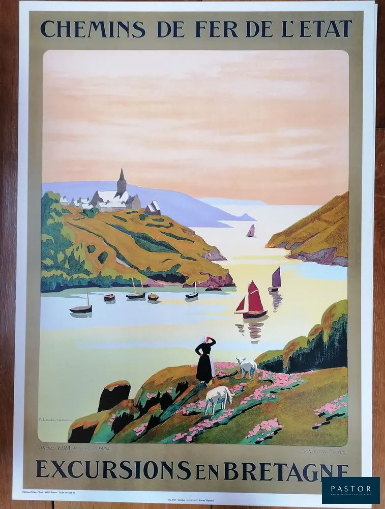 Pierre Ladureau
Le Yaudet (environ de Lannion)
Excursions en Bretagne

Affiche sur papier couché haute qualité - haute tenue, 300 g/m2, finition semi-satinée
Reproduction non encadrée
Signée dans la planche

Dimensions : 70 x 50 cm
Très bon état

La Compagnie des Chemins de Fer de l'Etat, pour orner ses gares en France, a passé des commandes à des artistes, qui devaient mettre en avant les stations de bord de mer, de montagne, ou de villes
touristiques. L'affiche valorise une destination par l'illustration.


Expédition obligatoire, jusqu'à 5 Lithographies dans votre colis pour 14,76€ TTC en France Métropolitaine, et 29,64€ TTC pour l'Europe