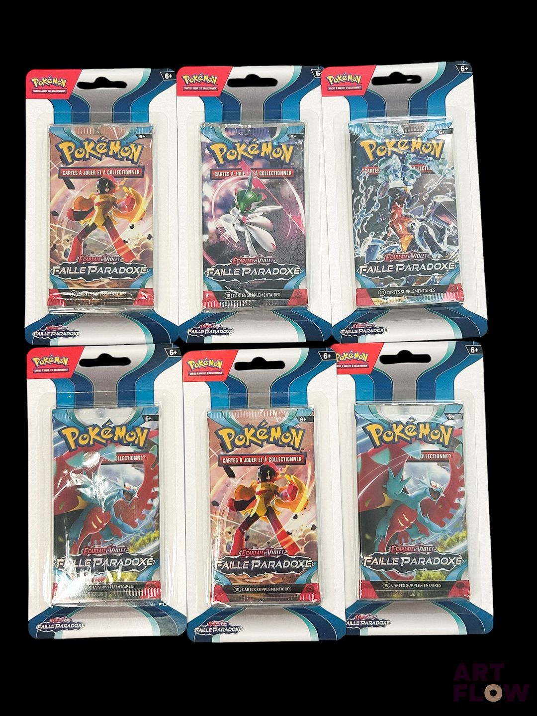 Ensemble de 6 blisters plastique dont 1 Artset Pokemon Série du bloc Ecarlate et violet : Faille paradoxe (EV04) Scellés Neuf En Français