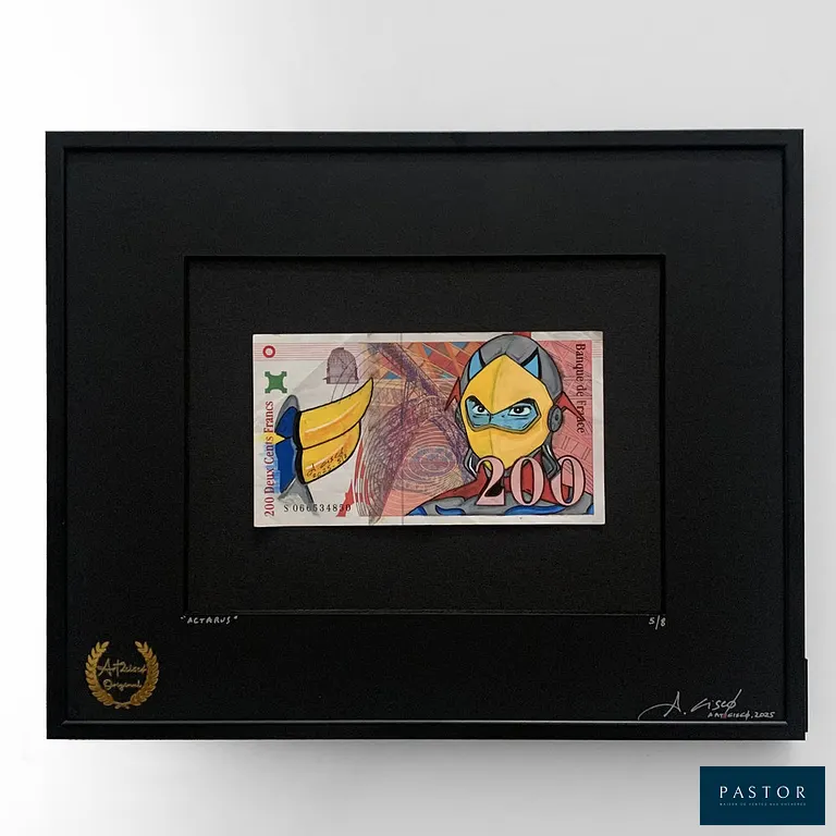 Cisco
ACTARUS, 2026

Acrylique sur billet de banque
Œuvre signée
Edition limitée de 8 exemplaires : toutes les œuvres sont uniques et présentent des détails distincts car elles sont peintes par l'artiste.

Dimensions : 153x80mm
Encadrée : 25x31cm


Expédition obligatoire, jusqu'à 5 Lithographies dans votre colis pour 14,76€ TTC en France Métropolitaine, et 29,64€ TTC pour l'Europe