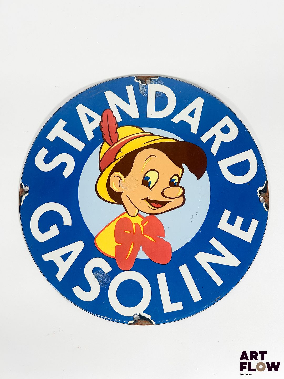 Plaque émaillée ronde Standard Gasoline Diamètre : 30 cm Petits éclats et traces de rouille Reproduction moderne
