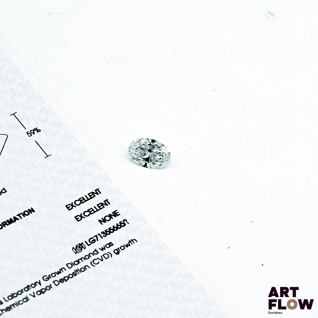 Diamant de synthèse (lab-grown diamond) de forme ovale 2,54 carats, accompagné d'un certificat de laboratoire (IGI) indiquant : D, VS1