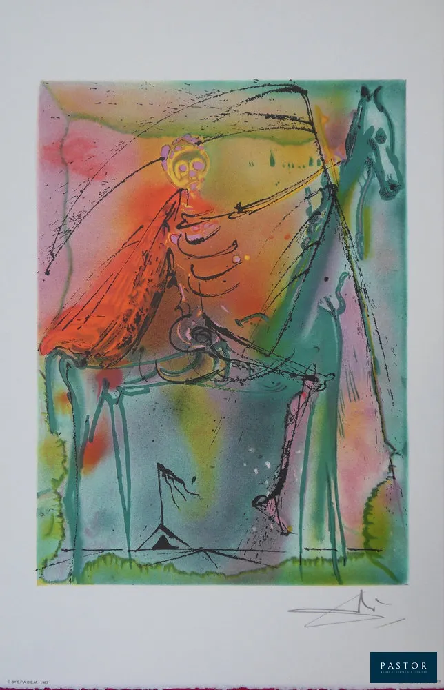 Salvador DALI (1904-1989)
Les Chevaux, le Cheval de la Mort, 1983

Lithographie
Signée dans la planche
Sur vélin Arches 56 x 36 cm
Authentifiée par le cachet sec de l'éditeur

INFORMATION : Fait partie de la série Les Chevaux Daliniens
Edition Armand et Georges Israël, réalisée du vivant de Dali avec son autorisation.

Excellent état


Expédition obligatoire, jusqu'à 5 Lithographies dans votre colis pour 14,76€ TTC en France Métropolitaine, et 29,64€ TTC pour l'Europe