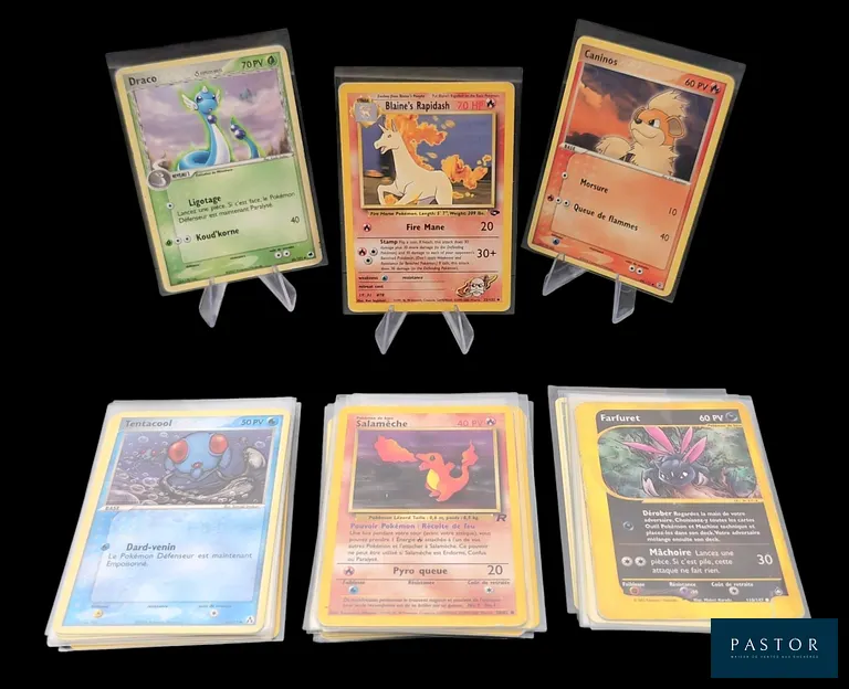 Ensemble de 30 cartes Pokémon vintage - Rares, Communes, et Peu communes.
Diverses séries des blocs Wizards et Bloc Ex.
Cartes en état global en état Bon, en français, sauf Galopa Gym exclusivité américaine.