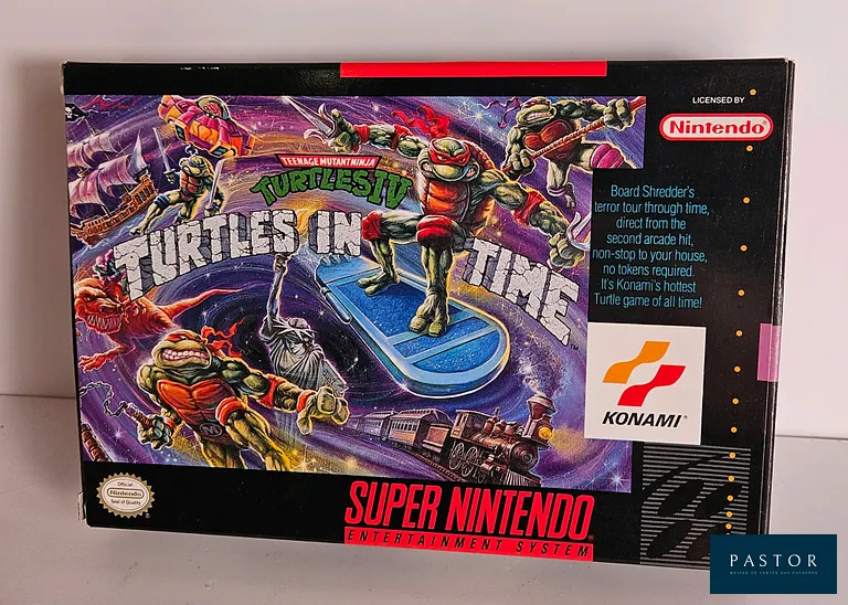 NINTENDO - SUPER NINTENDO. Jeu : Teenage Mutant Ninja Turtles IV: Turtles in Time. Complet avec boîte, notice et cartouche. Version : US. TBE. Sortie : 1992. Beat 'em up. La version Super Nintendo est considérée comme meilleure que l'originale sur arcade