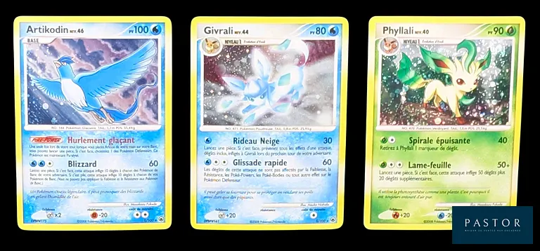 Ensemble de 6 cartes Pokémon - Holographiques et Reverses.
Série du bloc Diamant&Perle : Aube Majestueuse. 
Cartes en état global Excellent, en français.