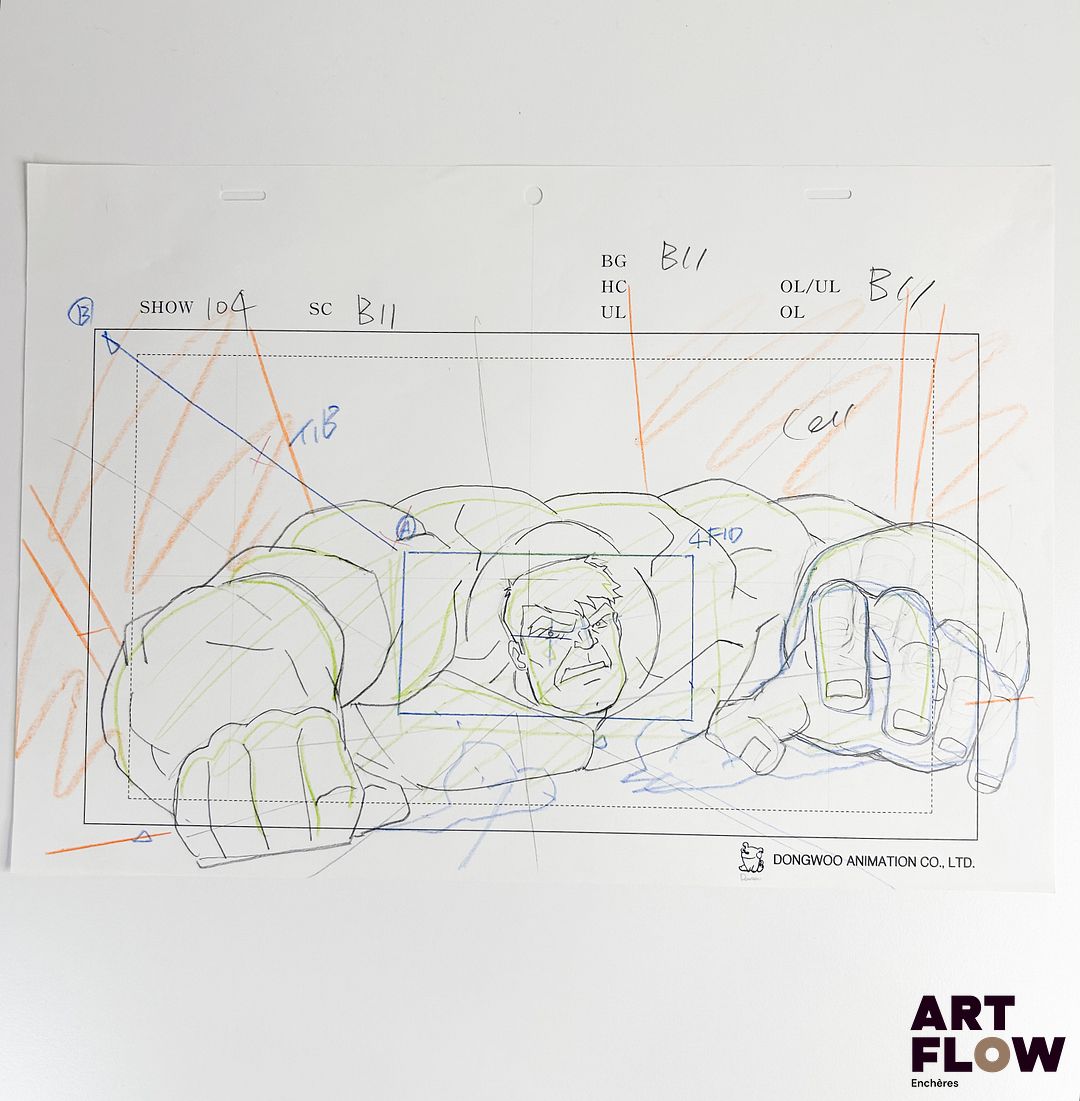 Marvel Comics d'après Jack Kirby Hulk / Bruce Banner Dessin à la mine de plomb et crayons de couleur représentant Hulk en position de combat Personnage de comics américains créé par Marvel Comics "Hulk, alias Bruce Banner, est un héros doté d’une force surhumaine. Bien que colérique et incontrôlable parfois, il utilise sa puissance pour protéger les innocents et combattre le mal." Dimensions : 24,5 x 35,5 cm