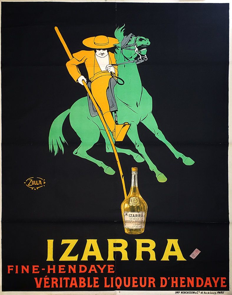 Zulla Liqueur Izarra, 1908 Affiche lithographique rare Première édition (avant l&rsquo;édition de 1935) Timbre daté 27 mai 1908 par J. Grattau & Cie Imprimeur : Vercasson & Cie, 43 rue de Lancry Paris Signée dans la planche Bon état : affiche non entoilée, déchirures et manques restaurées, couleurs fraiches, Pour le transport : l&rsquo;affiche est pliée 160 x 120 cm Expédition obligatoire, jusqu&rsquo;à 5 Lithographies dans votre colis pour 14,76€ TTC en France Métropolitaine, et 29,64€ TTC pour l&rsquo;Europe