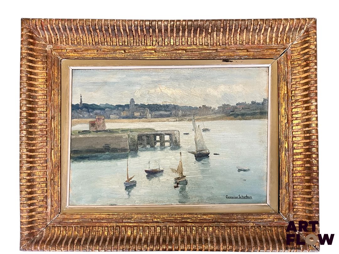 Geneviève SCHORBON (XXe siècle), Marine, huile sur toile. 38,5 x 55cm Accident dans la partie inférieure.
