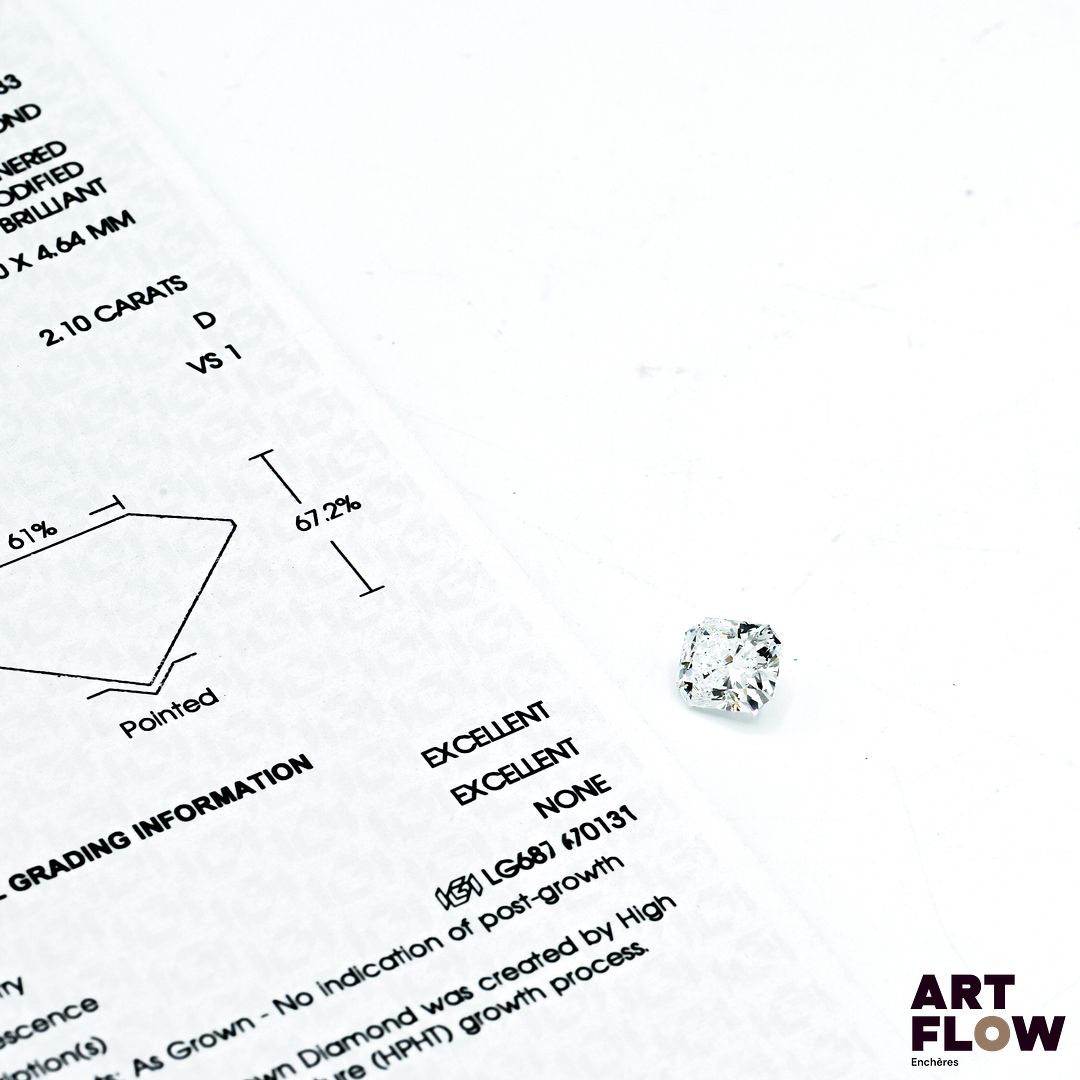 Diamant de synthèse (lab-grown diamond) de forme radiant 2,1 carats, accompagné d'un certificat de laboratoire (IGI) indiquant : D, VS1
