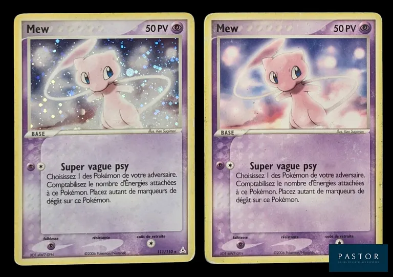 Réunion de 2 cartes Pokémon Mew - Secrètes.
Contient sa version Holographique et non Holographique.
Série du bloc Ex : Ex Fantômes Holon.
Cartes en état global Moyen / Bon.
En français.