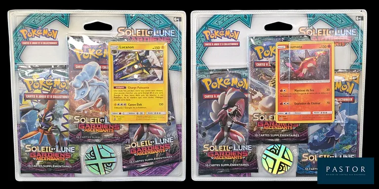 Réunion de 2 Tripacks Pokémon scellés.
Séries du bloc Soleil&Lune : SL1 et Gardiens Ascendants (SL2).
En français.