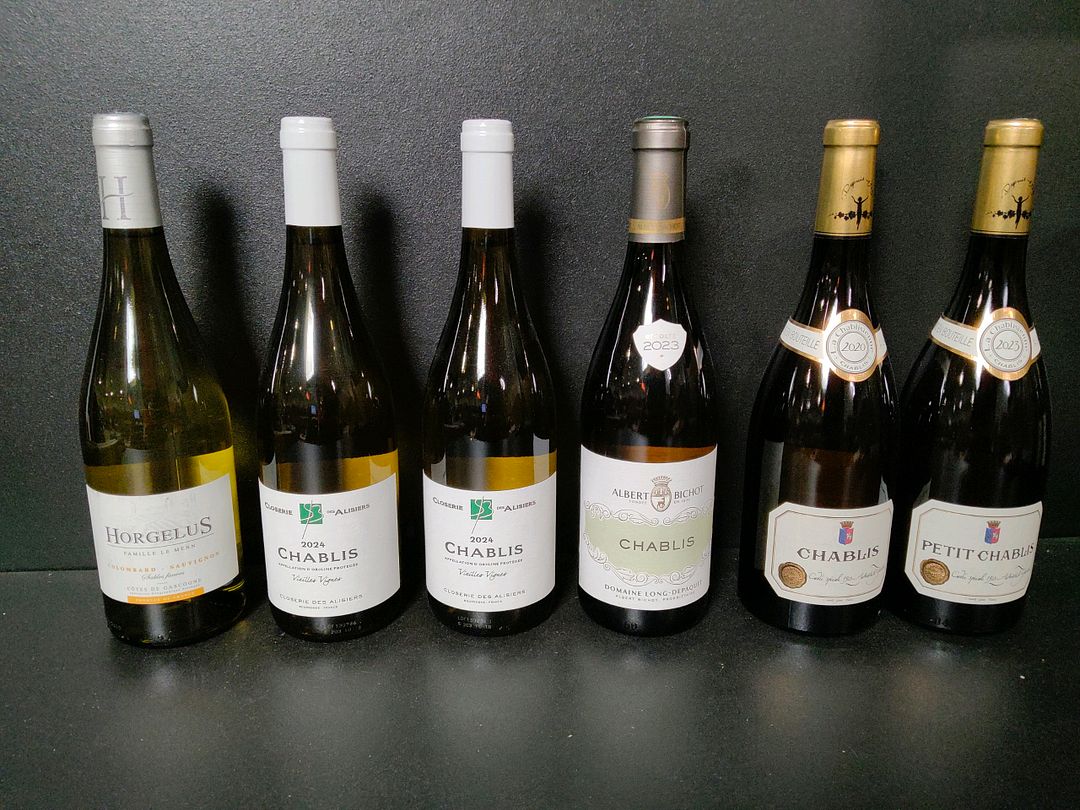 Lot de 6 bouteilles de vin blanc dont : Closerie des Alisiers Chablis Vieilles Vignes 2024, Horgelus Colombard-Sauvignon 2025, Maison Albert Bichot Domaine Long-Depaquit Chablis 2023…