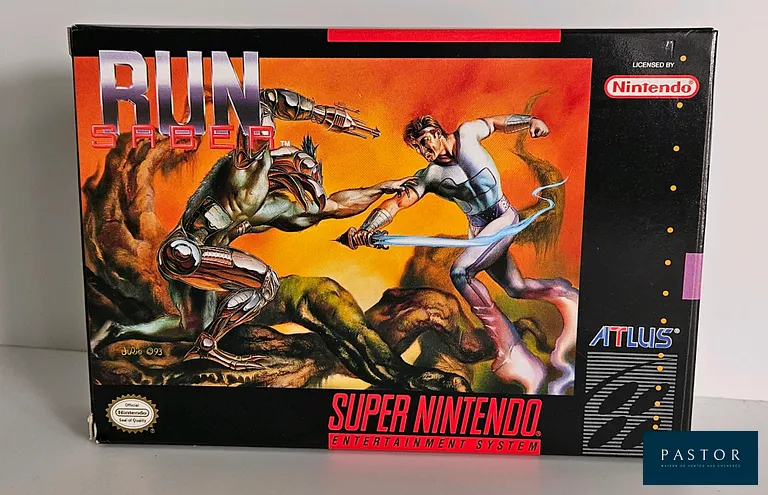 NINTENDO - SUPER NES. Jeu : Run Saber. Complet avec boite, notice et cartouche. Version US. TBE. Etat proche du neuf. Rare. Plateforme 2D. Sortie : 1993