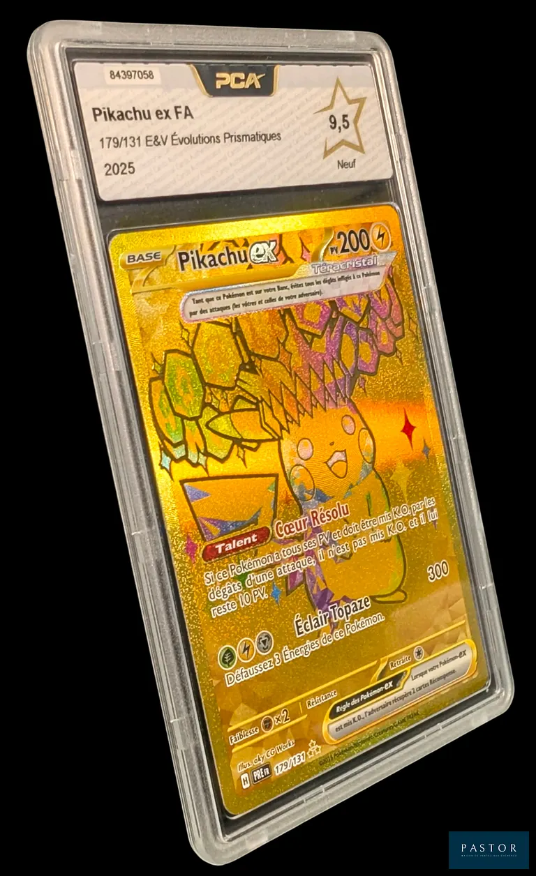 Carte Pokémon gradée Pikachu ex 179/131 – Secrète Gold – PCA 9,5.  
Série du bloc Écarlate&Violet : Évolutions Prismatiques.  
Carte en état Neuf (PCA 9,5), en français.