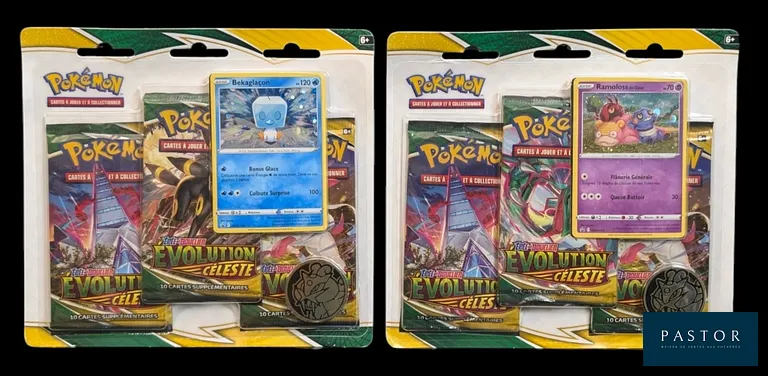 Réunion de 2 Tripacks Pokémon scellés.
Série du bloc Épée&Bouclier : Évolution Céleste (EB07).
En français.