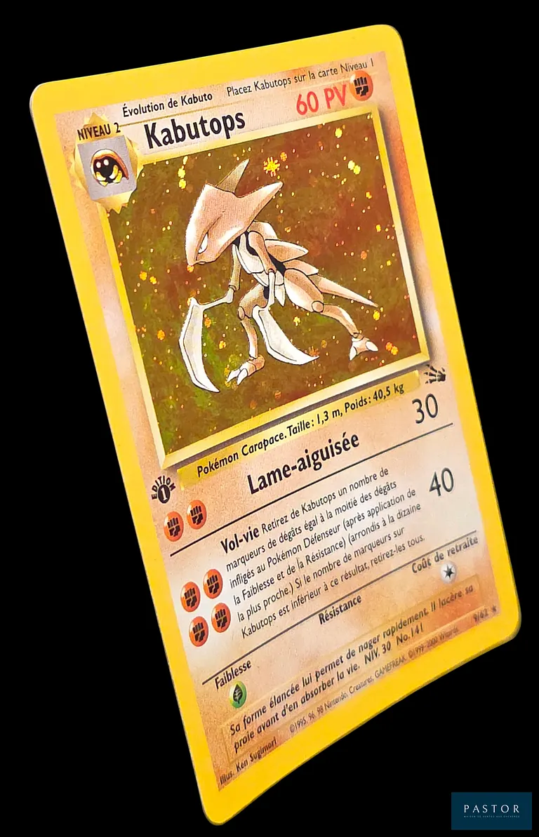 Carte Pokémon Kabutops 9/62 - Holographique.
Série du bloc Wizards : Fossile édition 1.
Carte en état Très bon/Excellent, en français.
Livrée sous bulles et toploader.