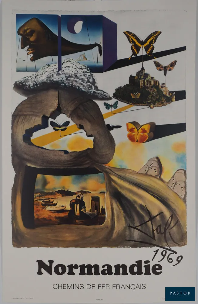 Salvador DALI (1904-1989)
Normandie

Lithographie et héliogravure originale (Ateliers Matthieu et Draeger)
Signée dans la planche
Edition de 700 exemplaires non numérotés
Sur Vélin 62 x 99 cm

Excellent état

REFERENCES : Figure au catalogue raisonné : Field 69-2 B / Michler Lopsinger 1226 / Sahli 131
Cette oeuvre éditée par J Schneider en 1969 a été commissionnée par la SNCF afin d'en assurer la promotion ; elle fait partie de la série "Butterfly suite".


Expédition obligatoire, jusqu'à 5 Lithographies dans votre colis pour 14,76€ TTC en France Métropolitaine, et 29,64€ TTC pour l'Europe