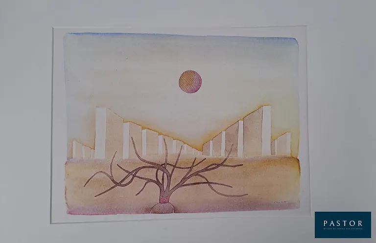 Jean-Michel Folon (d'après) (1934 - 2005)
Sans racines, 1972

Impression d'art
Signée dans la planche, titrée et datée au dos

  et montée sous passe-partout
  Dimensions du passe-partout : 40 x 50 cm
  Dimensions de la feuille : 28 x 36 cm
  
  Très bon état, traces de manipulation au dos
  
  
  Reproduction de la suite titrée de l'ouvrage "Un arbre meurt", Weber éditeur Genève, Alice Editions, 1973, reprenant des aquarelles de l'artiste.


Expédition obligatoire, jusqu'à 5 Lithographies dans votre colis pour 14,76€ TTC en France Métropolitaine, et 29,64€ TTC pour l'Europe