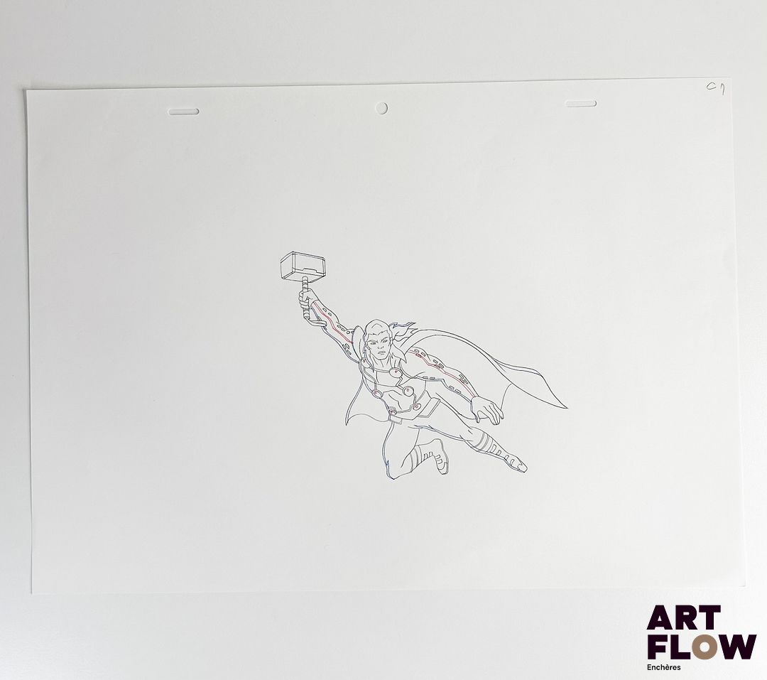 Marvel Comics, d'après Jack Kirby Thor Dessin à la mine de plomb et crayons de couleur représentant Thor en position de combat Personnage de comics américains créé par Marvel Comics "Thor est le dieu du tonnerre, courageux et puissant. Protecteur des mondes, il manie son marteau avec maîtrise et incarne la force, l’honneur et le courage." Dimensions : 25,5 x 36 cm
